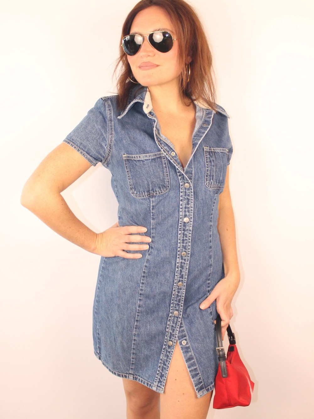 Vintage GAP Short-Sleeve Denim Shirt Dress in Blue